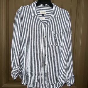 Universal Thread Blue & White Vertical Striped  Long Sleeve Top, M 55% linen